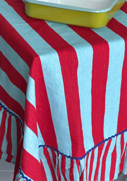 Sirenuse Red Striped Ruffle Border Linen Tablecloth