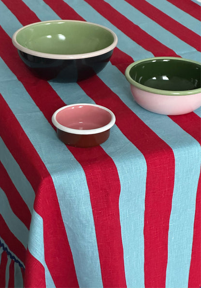 Sirenuse Red Striped Ruffle Border Linen Tablecloth