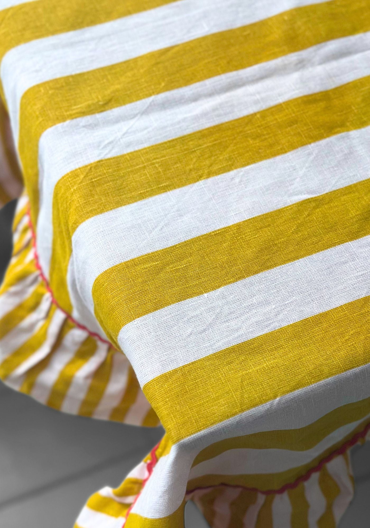 Amalfi Yellow Striped Ruffle Border Linen Tablecloth