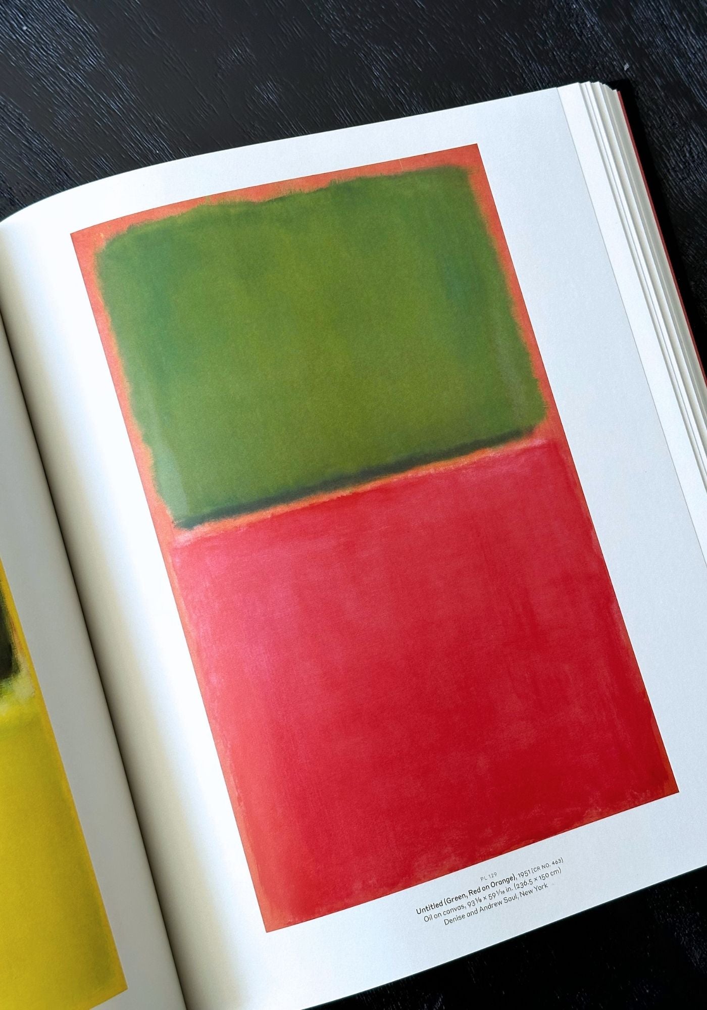 Open book displaying a painting with green and red abstract shapes.