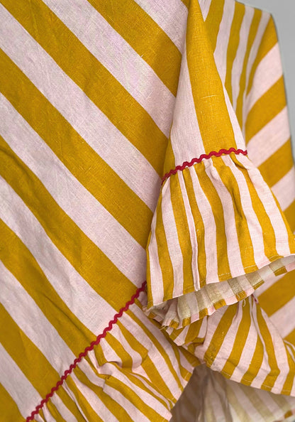 Amalfi Yellow Striped Ruffle Border Linen Tablecloth
