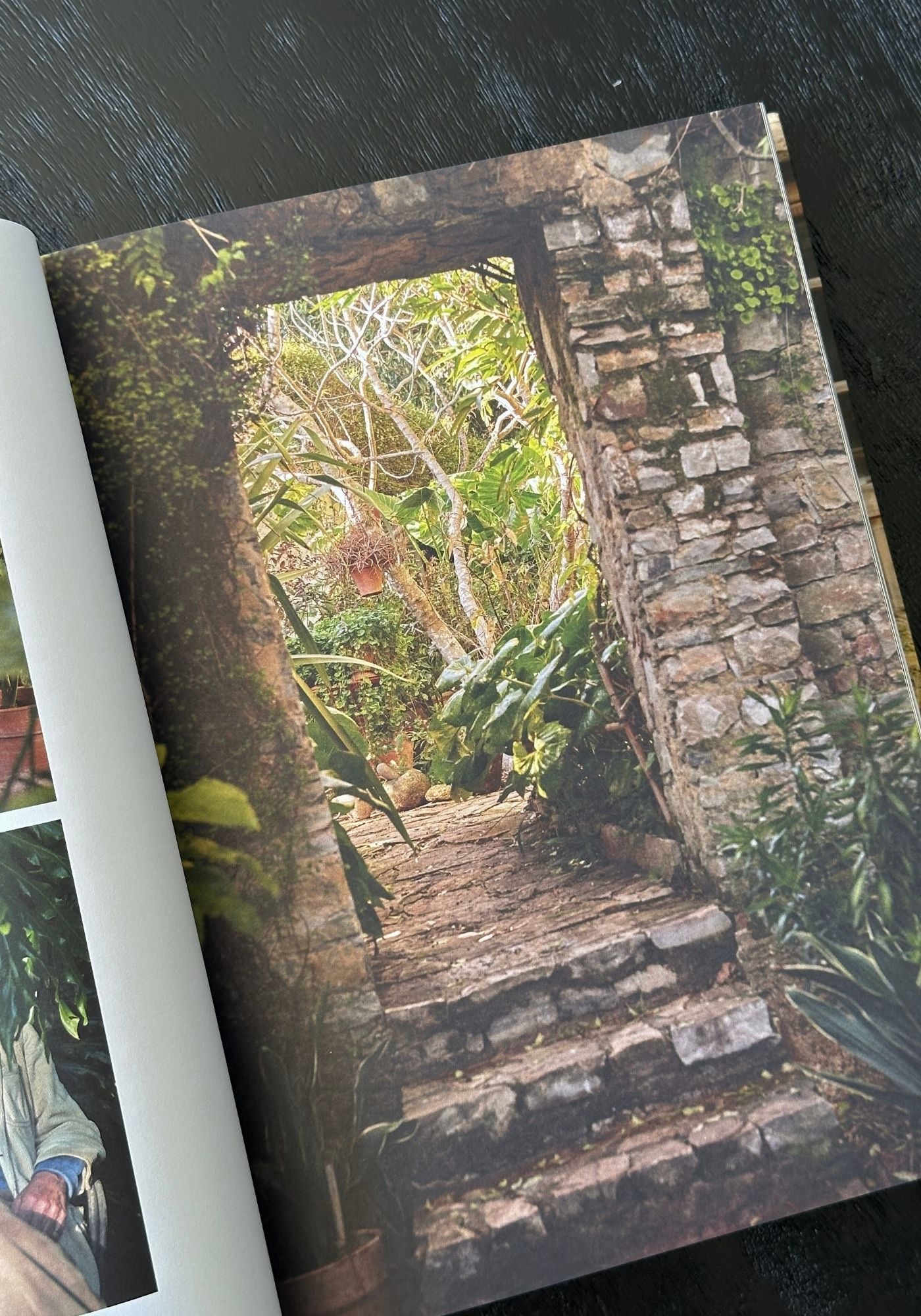 Stone pathway leading through a stone archway into a lush green garden.