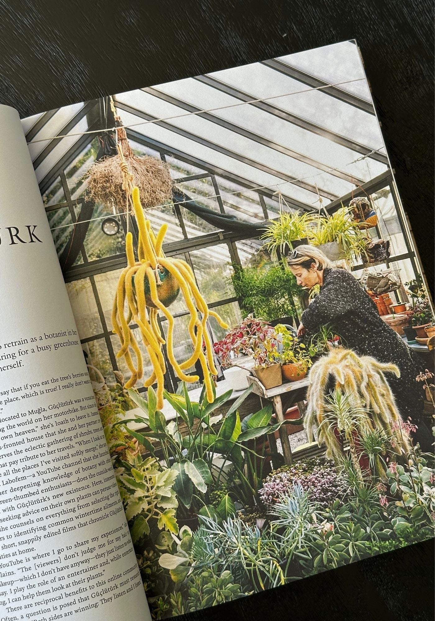 Open book with a photograph of a person in a greenhouse on a black surface.