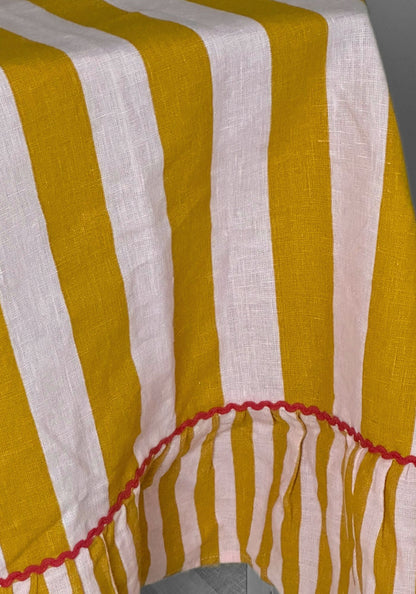 Amalfi Yellow Striped Ruffle Border Linen Tablecloth