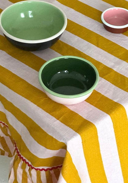 Amalfi Yellow Striped Ruffle Border Linen Tablecloth