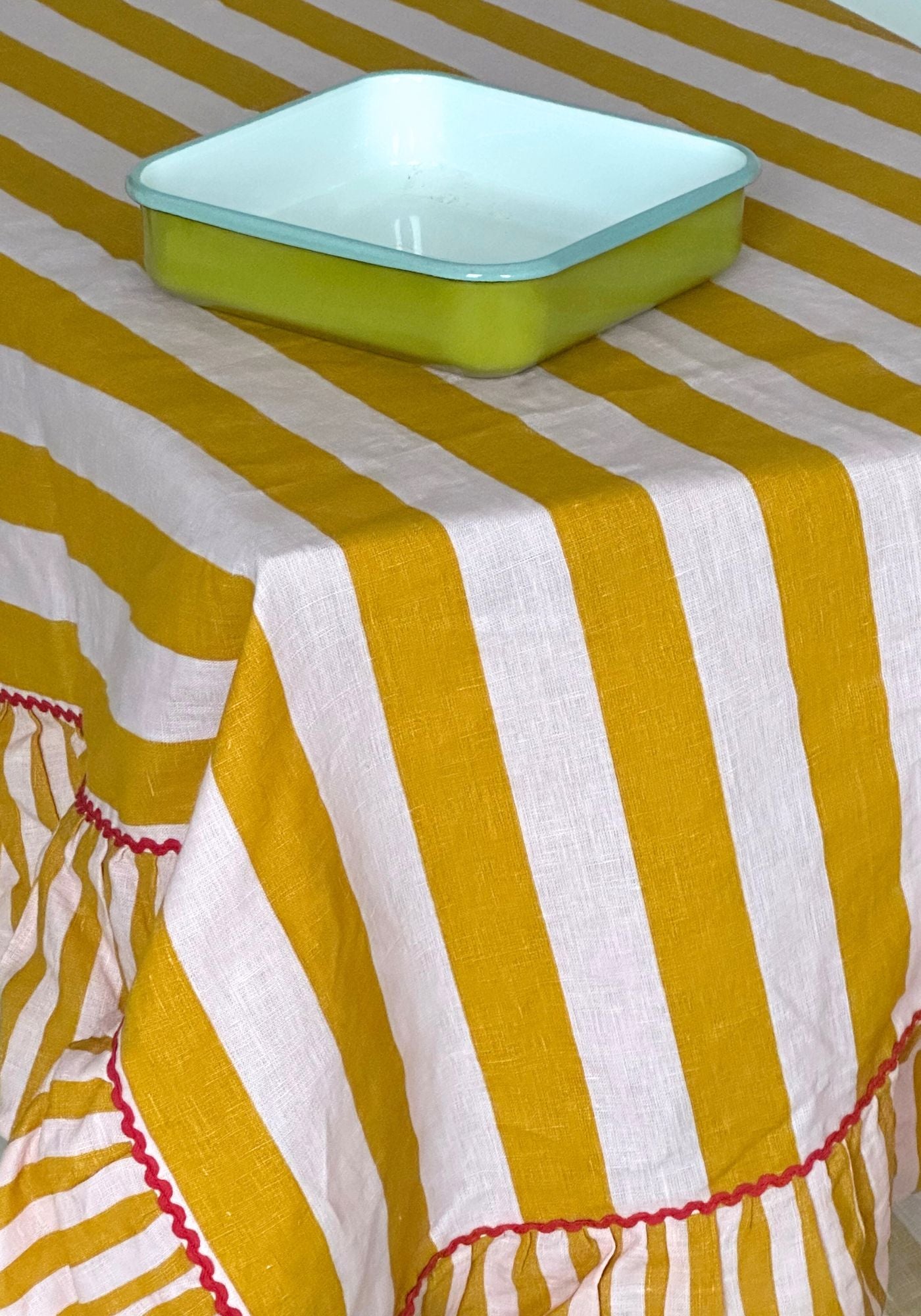 Amalfi Yellow Striped Ruffle Border Linen Tablecloth