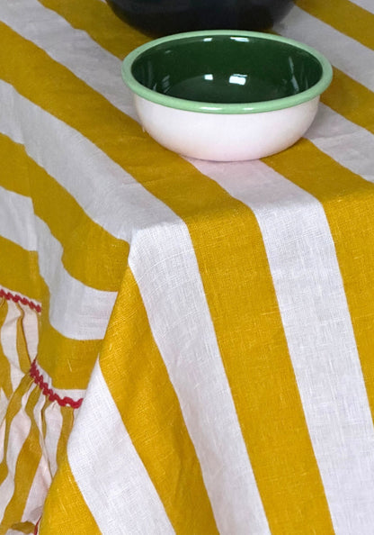 Amalfi Yellow Striped Ruffle Border Linen Tablecloth