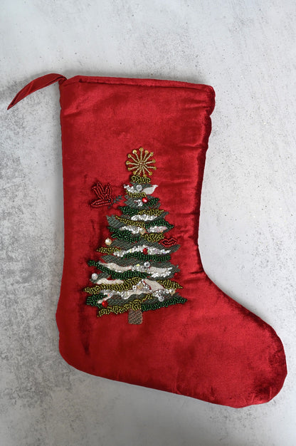 Chaussette de sapin de Noël en velours rouge 