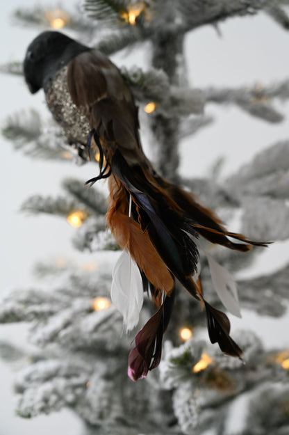 Décoration d'oiseau à paillettes noires, beiges et argentées 