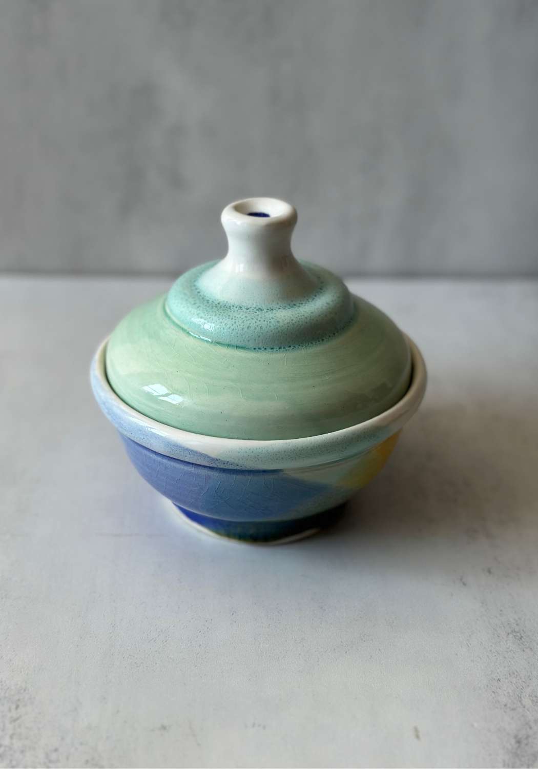 Mint Yellow and Blue Geometric Stephen Bishop Lidded Pot