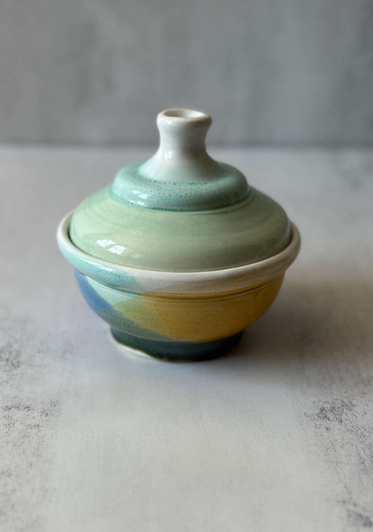 Mint Yellow and Blue Geometric Stephen Bishop Lidded Pot