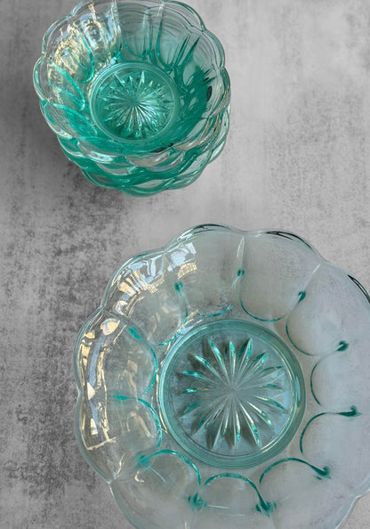 Set of Seven Ice Blue Glass Scallop Dessert Bowl Set