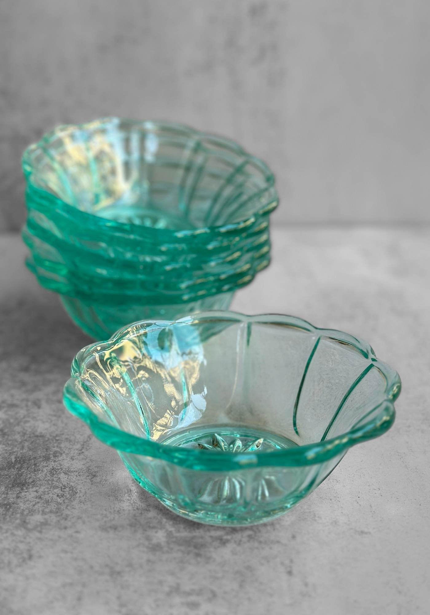 Set of Seven Ice Blue Glass Scallop Dessert Bowl Set