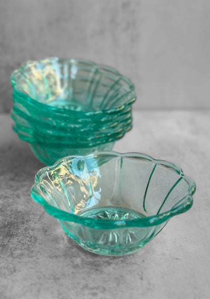 Set of Seven Ice Blue Glass Scallop Dessert Bowl Set
