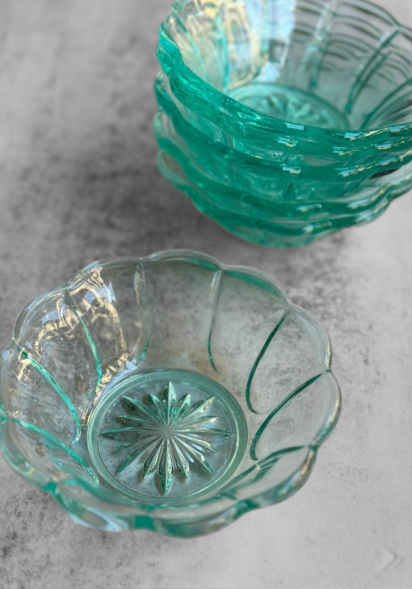 Set of Seven Ice Blue Glass Scallop Dessert Bowl Set