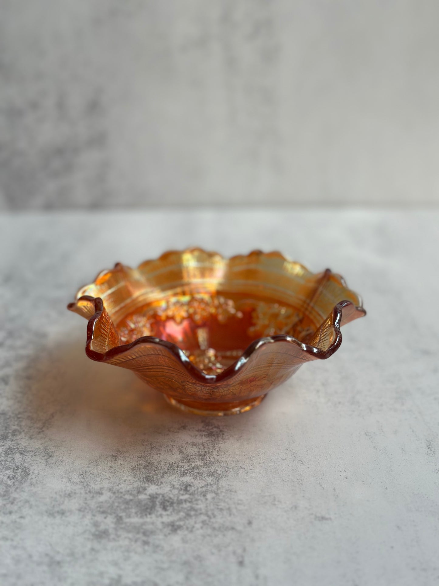 Small Ruffled Windmill Carnival Glass Bowl