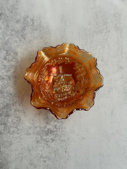 Small Ruffled Windmill Carnival Glass Bowl