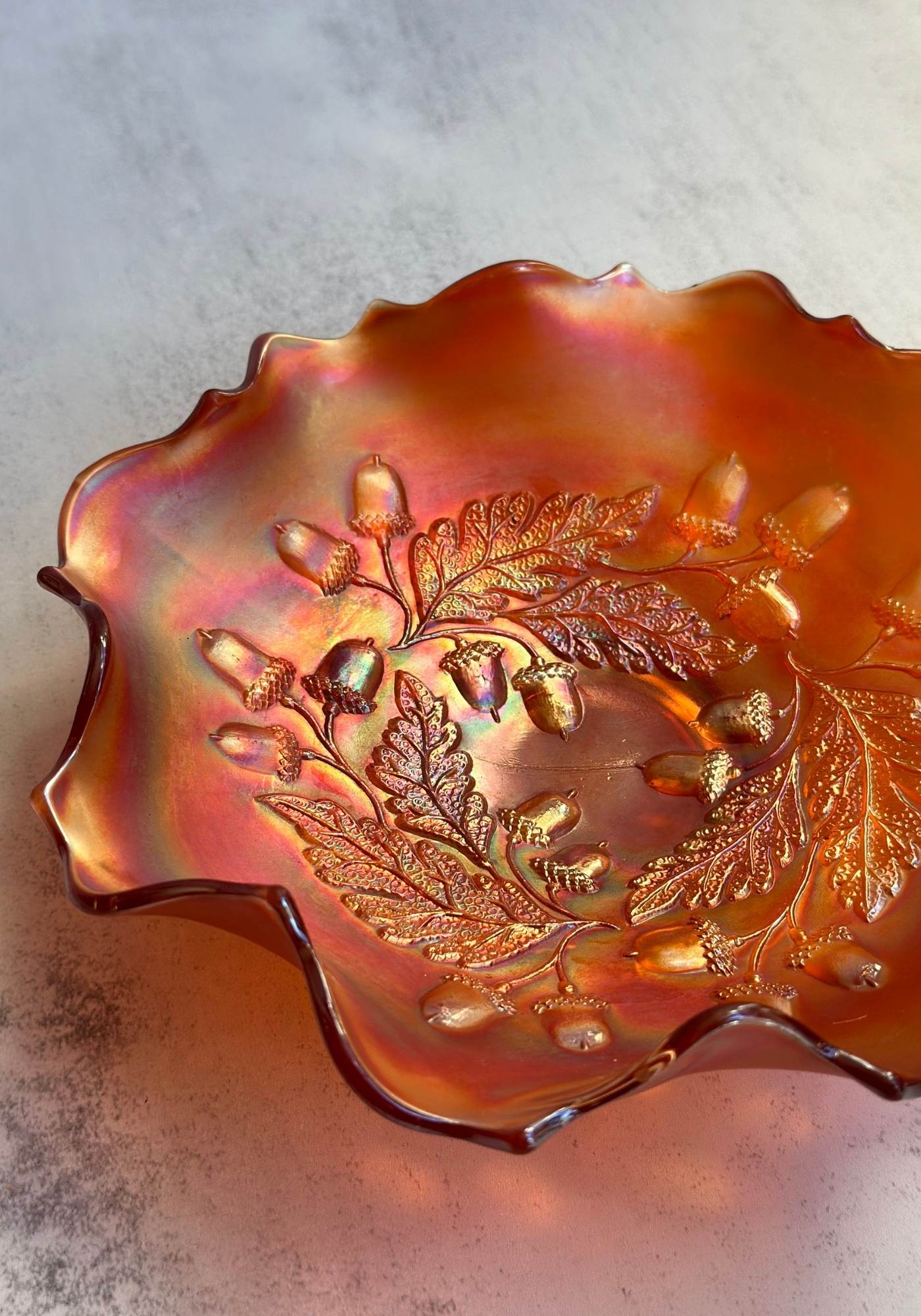 Ruffled Acorn Carnival Glass Bowl