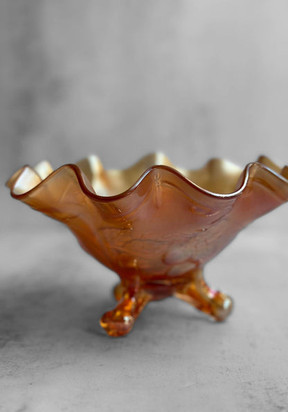 Ruffled Bubble Foot Carnival Glass Bowl