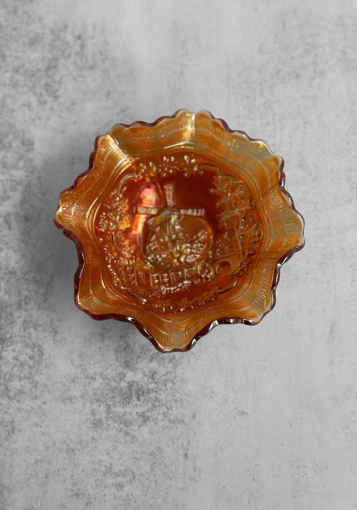 Small Ruffled Windmill Carnival Glass Bowl