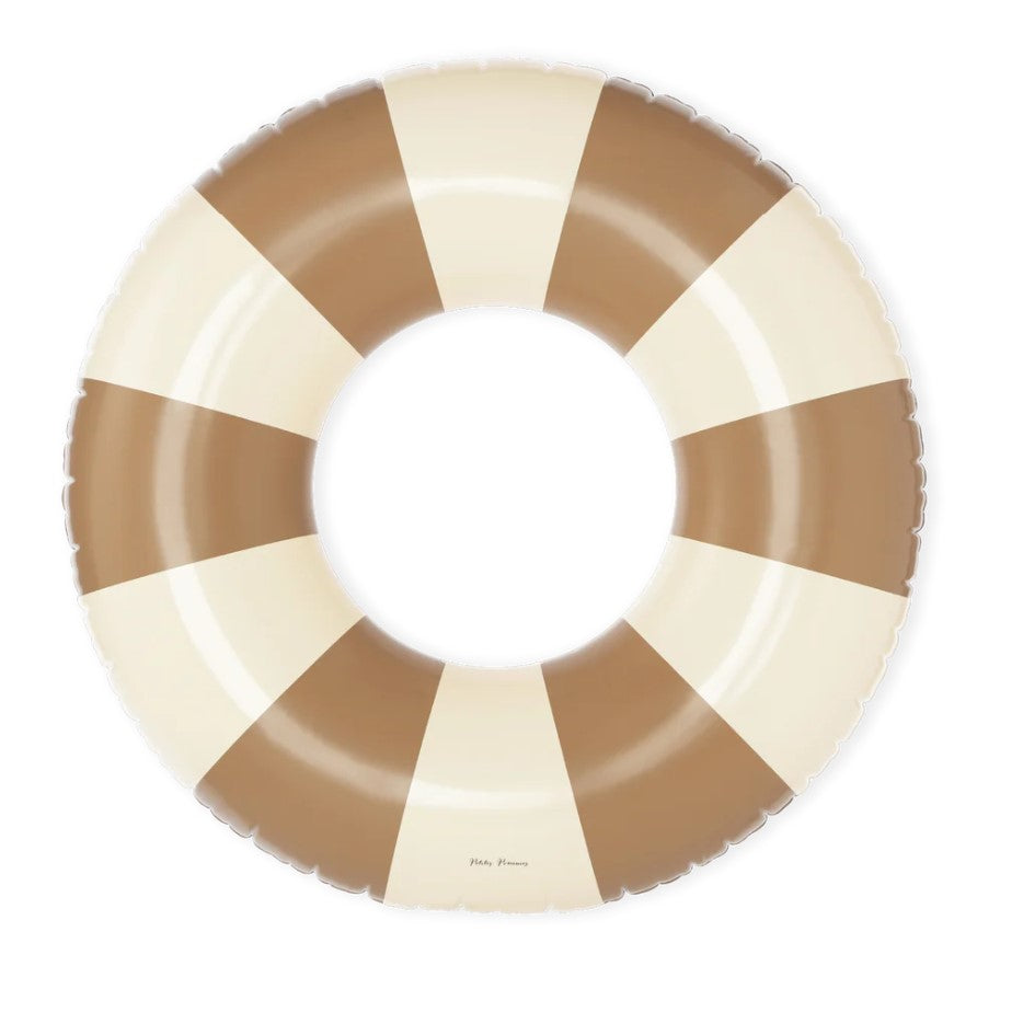 Tan and cream candy striped inflatable pool ring float with a vintage aesthetic.
